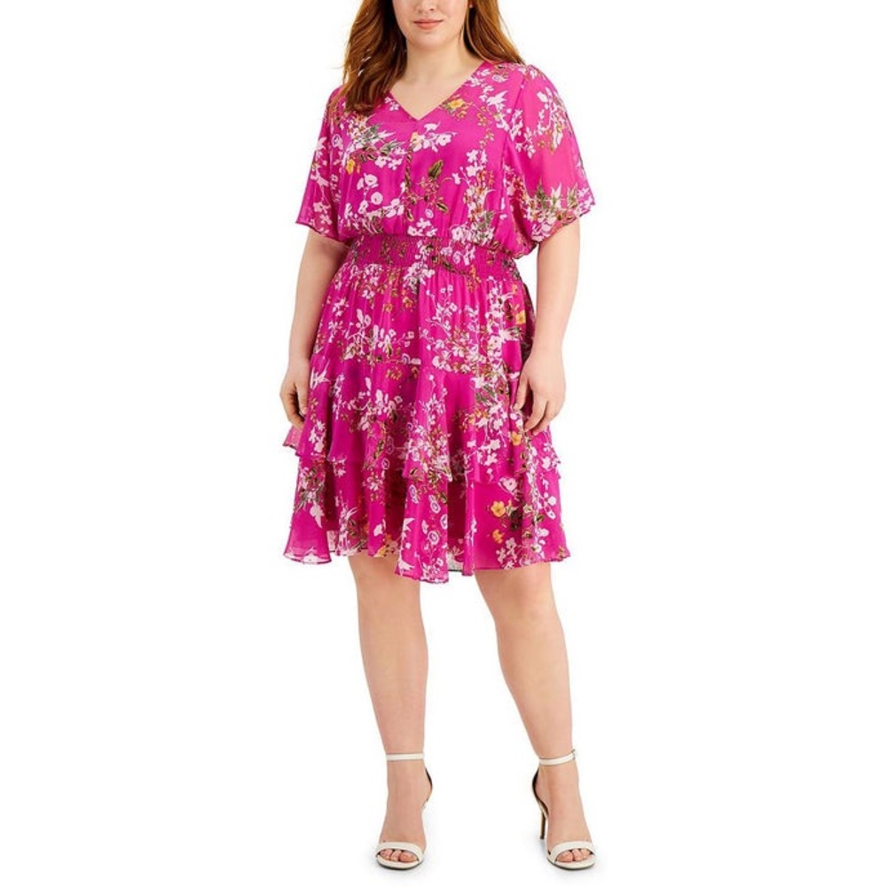 Taylor Floral Print Smocked Waist Tiered Flutter Sleeve Dress